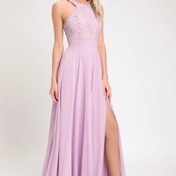 LULU Lavender Halter Lace Dress with Slit - Picture 2 of 12